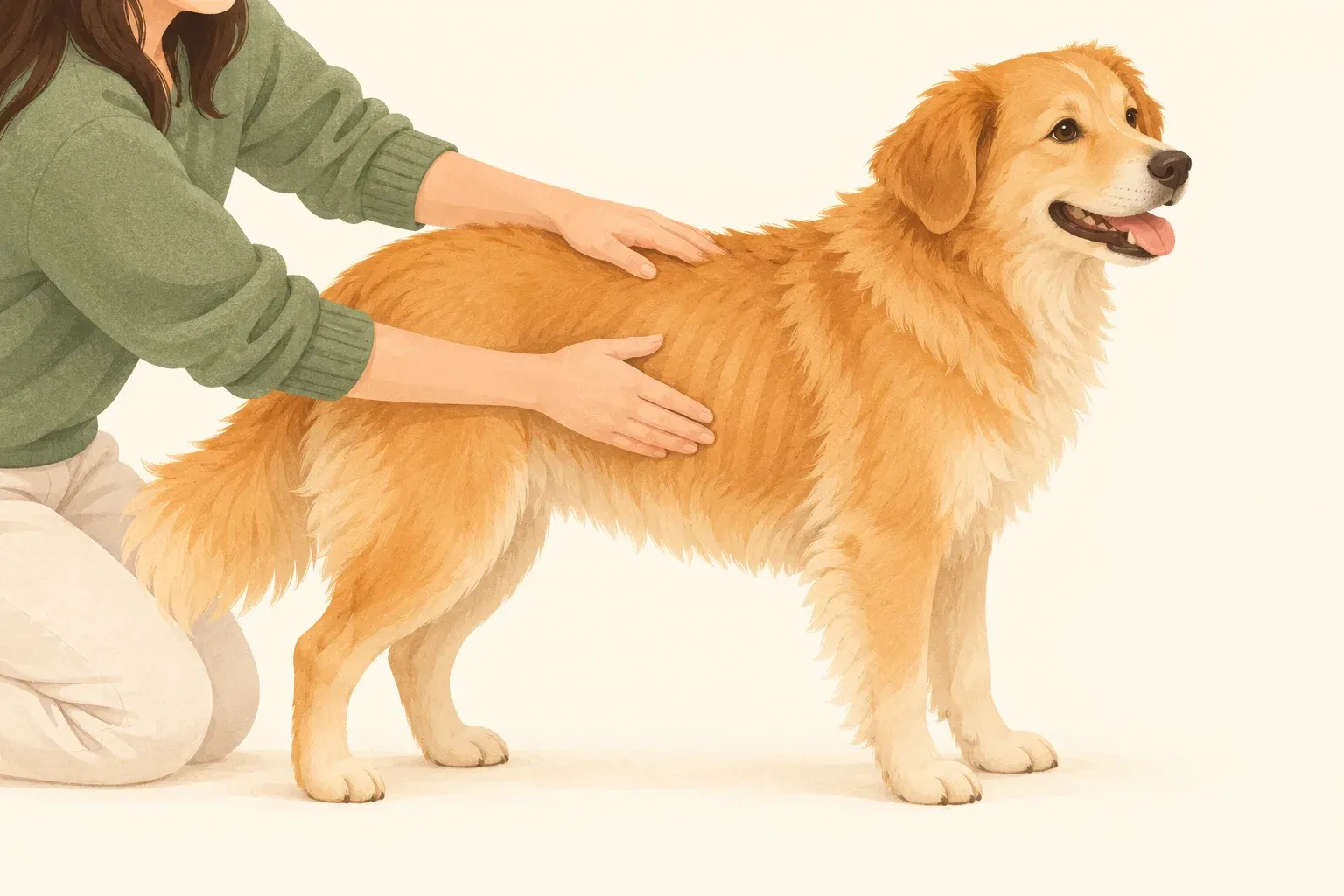 보호자가 서 있는 강아지의 옆구리 갈비뼈를 손으로 부드럽게 만져 보는 일러스트