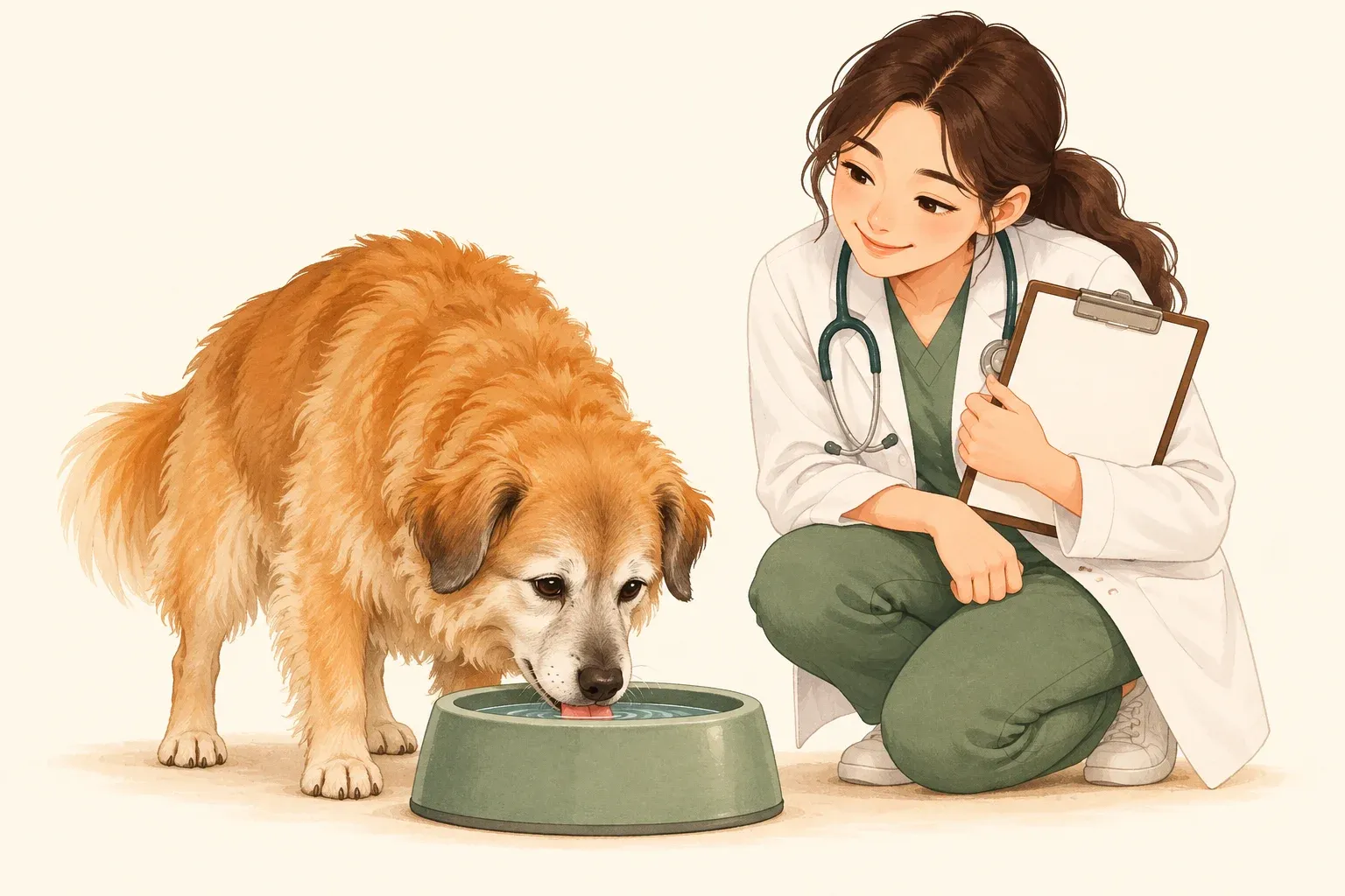 노견이 물을 마시는 모습을 수의사가 클립보드를 들고 다정하게 지켜보는 일러스트