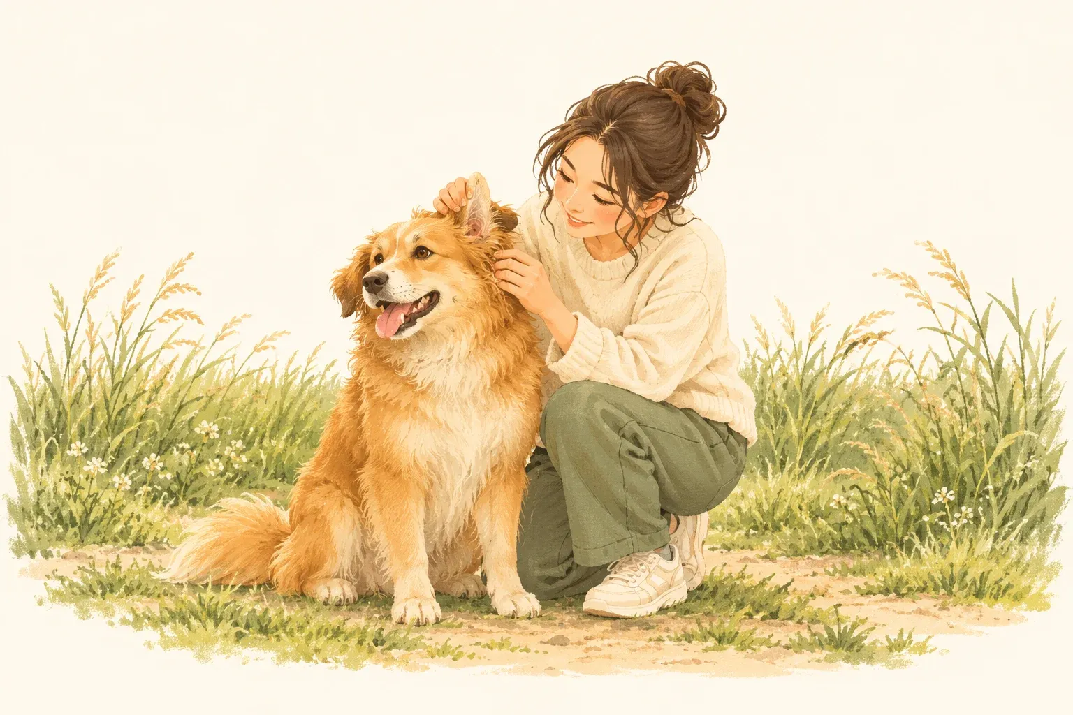 풀밭 산책 뒤 보호자가 강아지의 귀 뒤쪽 털을 꼼꼼히 살펴보는 일러스트